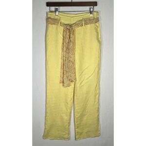 Padova Yellow Linen Wide Leg Pants 100% Silk Lined Paisley Silk Tie Belt Sz 6